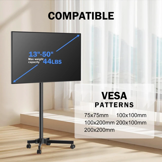 Alt view image 6 of 7 - Mobile TV Carts, Rotating Rolling TV Stand on Wheels for 13-50" Flat/Curved TVs Height Adjustable 30° Tilt Floor TV Stand Portable Monitor Stand Holds up to 44lbs Max VESA 200x200mm ML1350