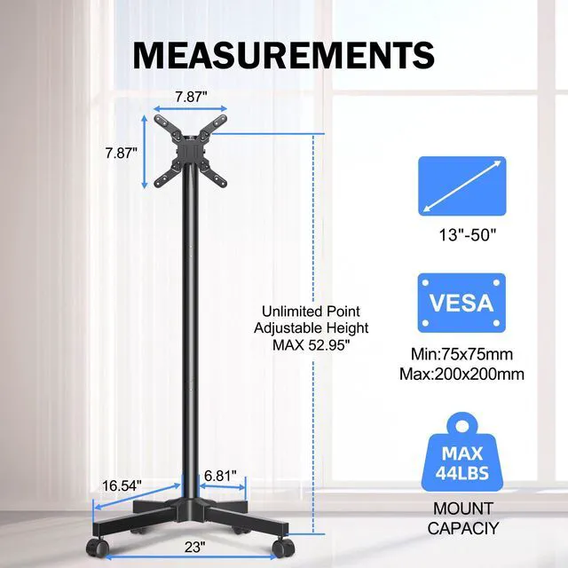 Alt view image 5 of 7 - Mobile TV Carts, Rotating Rolling TV Stand on Wheels for 13-50" Flat/Curved TVs Height Adjustable 30° Tilt Floor TV Stand Portable Monitor Stand Holds up to 44lbs Max VESA 200x200mm ML1350