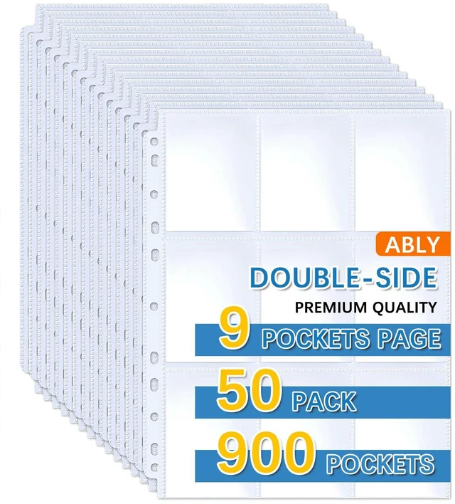Main image of 900 Pocket Double Sided Card Sleeves, 9-Pocket, for 3 Ring Binder 50 pages, baseball card protector sheets for Pokemon, Skylanders, Top Trumps, fit 3-ring binder