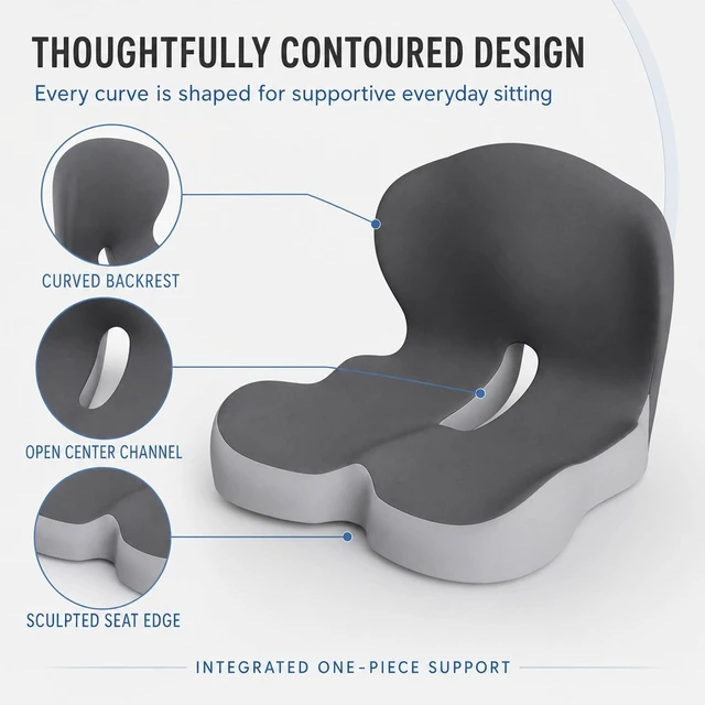 Alt view image 5 of 7 - Orthopedic Cushion, Seat Cushion for Office Chair and Car, Ergonomic Memory Foam L Shaped Integrated Seat Cushions, Lumbar Support Tailbone Pain Relief for Office Chair Car (B-Black Grey)