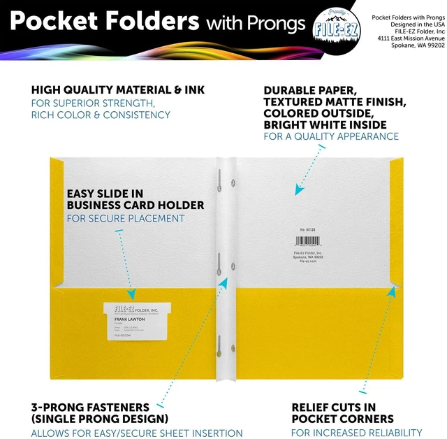 Alt view image 2 of 7 - Two-Pocket Folders with 3-Prong Fasteners, Yellow Color, 25-Pack, Durable Textured Paper, Matte Finish, Letter Sheet Size (EZ-92570)
