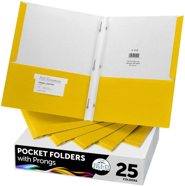 Main image of Two-Pocket Folders with 3-Prong Fasteners, Yellow Color, 25-Pack, Durable Textured Paper, Matte Finish, Letter Sheet Size (EZ-92570)