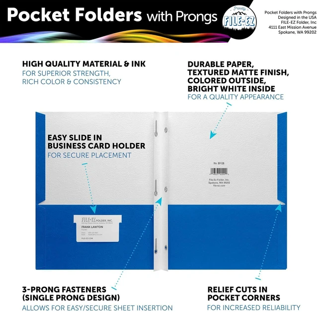 Alt view image 2 of 7 - Two-Pocket Folders with 3-Prong Fasteners, Blue Color, 25-Pack, Durable Textured Paper, Matte Finish, Letter Sheet Size (EZ-92523)
