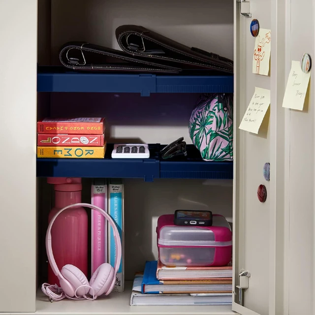 Alt view image 2 of 5 - Adjust-A-Shelf Locker Shelf, Extends to Fit Your Locker, Easy to Use, Perfect for School, Office, Gym, Blue, 2-Pack