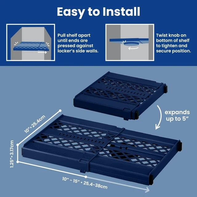 Alt view image 3 of 5 - Adjust-A-Shelf Locker Shelf, Extends to Fit Your Locker, Easy to Use, Perfect for School, Office, Gym, Blue, 2-Pack