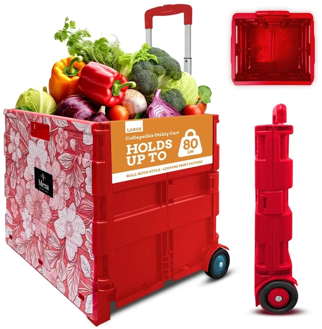 Main image of Ultra-Slim Rolling Collapsible Storage Pack-N-Roll Utility-carts, with Telescopic Handle, for Home, Garden, Shopping, Office, School use, Large, Red, White Flower Print