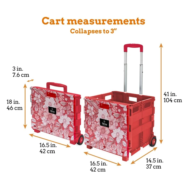 Alt view image 2 of 7 - Ultra-Slim Rolling Collapsible Storage Pack-N-Roll Utility-carts, with Telescopic Handle, for Home, Garden, Shopping, Office, School use, Large, Red, White Flower Print