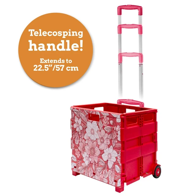 Alt view image 4 of 7 - Ultra-Slim Rolling Collapsible Storage Pack-N-Roll Utility-carts, with Telescopic Handle, for Home, Garden, Shopping, Office, School use, Large, Red, White Flower Print