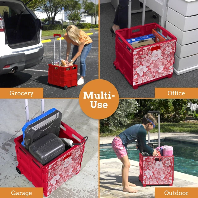 Alt view image 5 of 7 - Ultra-Slim Rolling Collapsible Storage Pack-N-Roll Utility-carts, with Telescopic Handle, for Home, Garden, Shopping, Office, School use, Large, Red, White Flower Print
