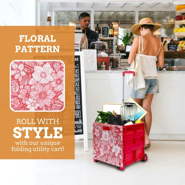 Alt view image 7 of 7 - Ultra-Slim Rolling Collapsible Storage Pack-N-Roll Utility-carts, with Telescopic Handle, for Home, Garden, Shopping, Office, School use, Large, Red, White Flower Print