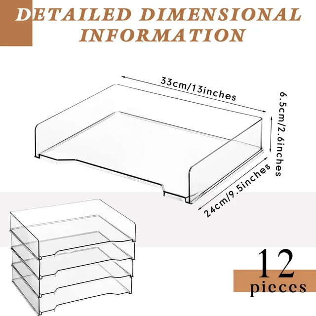 Alt view image 2 of 7 - 12 Pcs Stackable Letter Tray Plastic Paper Tray, Clear 13 x 9.5 x 2.6 In, Rectangular, Paper Holder, File Tray for Desktop Office Desk Drawers