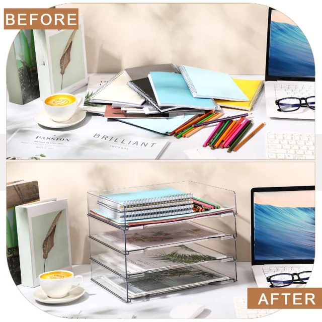 Alt view image 5 of 7 - 12 Pcs Stackable Letter Tray Plastic Paper Tray, Clear 13 x 9.5 x 2.6 In, Rectangular, Paper Holder, File Tray for Desktop Office Desk Drawers