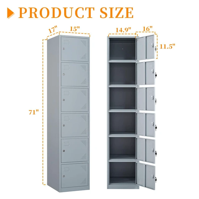 Alt view image 3 of 7 - Metal Locker with 6 Doors, 71" Lockers for Employees Steel Storage Locker, Lockable Locker Cabinet for School, Gym, Home Office and GarageGrey