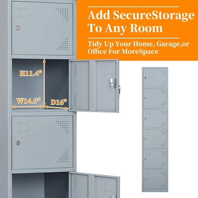 Alt view image 4 of 7 - Metal Locker with 6 Doors, 71" Lockers for Employees Steel Storage Locker, Lockable Locker Cabinet for School, Gym, Home Office and GarageGrey
