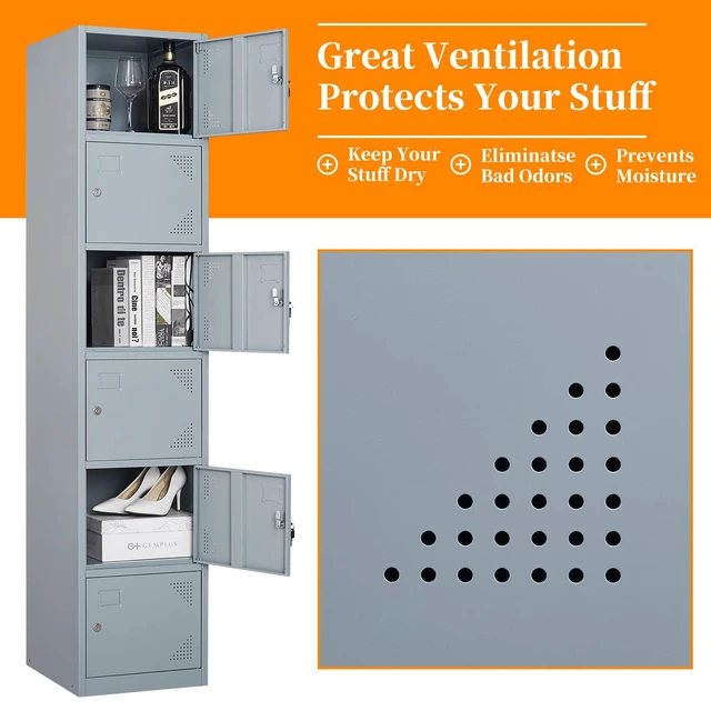 Alt view image 5 of 7 - Metal Locker with 6 Doors, 71" Lockers for Employees Steel Storage Locker, Lockable Locker Cabinet for School, Gym, Home Office and GarageGrey