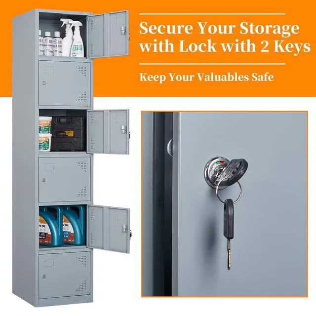 Alt view image 6 of 7 - Metal Locker with 6 Doors, 71" Lockers for Employees Steel Storage Locker, Lockable Locker Cabinet for School, Gym, Home Office and GarageGrey