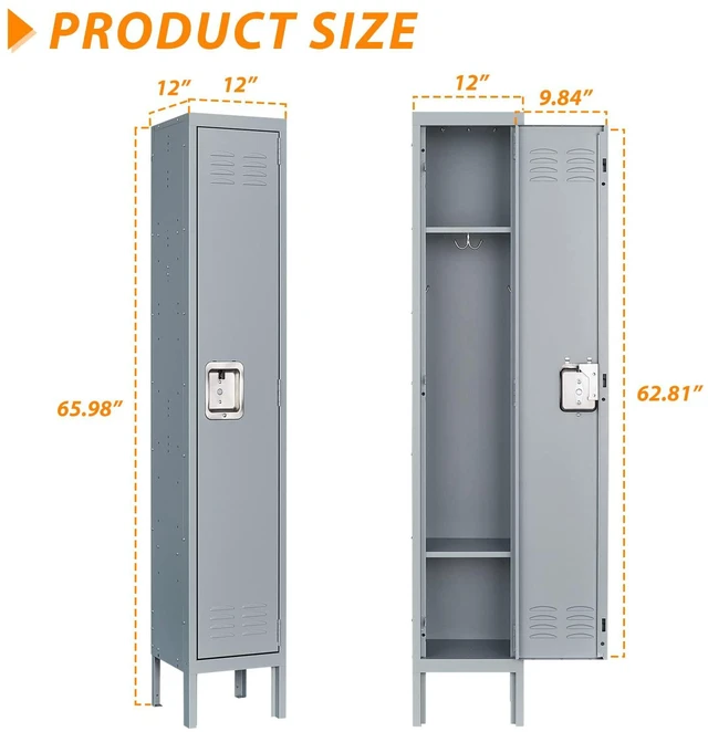 Alt view image 3 of 7 - Metal Locker for Home, Dressing Room, Gym, 65.98" Steel Storage Lockers for Employees, Lockable Locker Cabinet with 1 Door (Grey)
