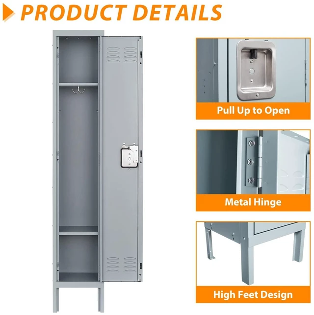 Alt view image 5 of 7 - Metal Locker for Home, Dressing Room, Gym, 65.98" Steel Storage Lockers for Employees, Lockable Locker Cabinet with 1 Door (Grey)