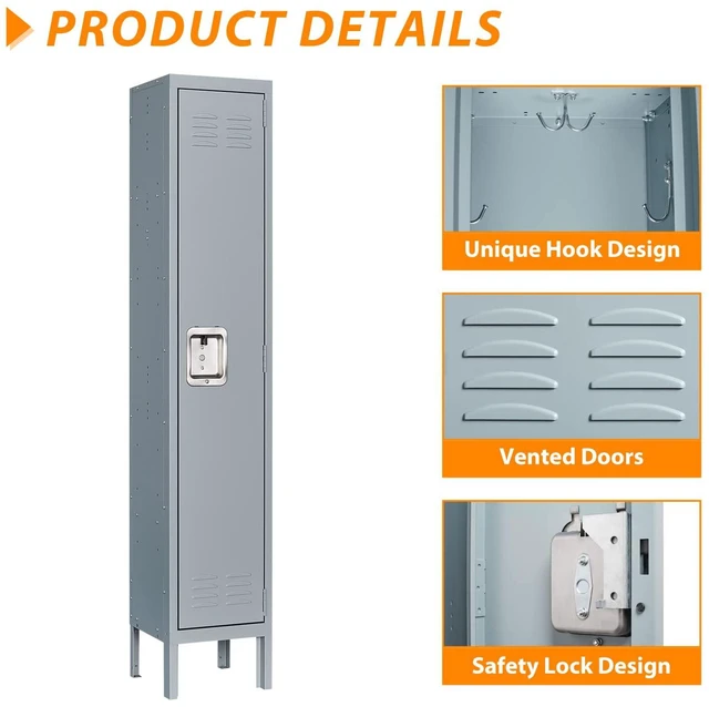 Alt view image 4 of 7 - Metal Locker for Home, Dressing Room, Gym, 65.98" Steel Storage Lockers for Employees, Lockable Locker Cabinet with 1 Door (Grey)