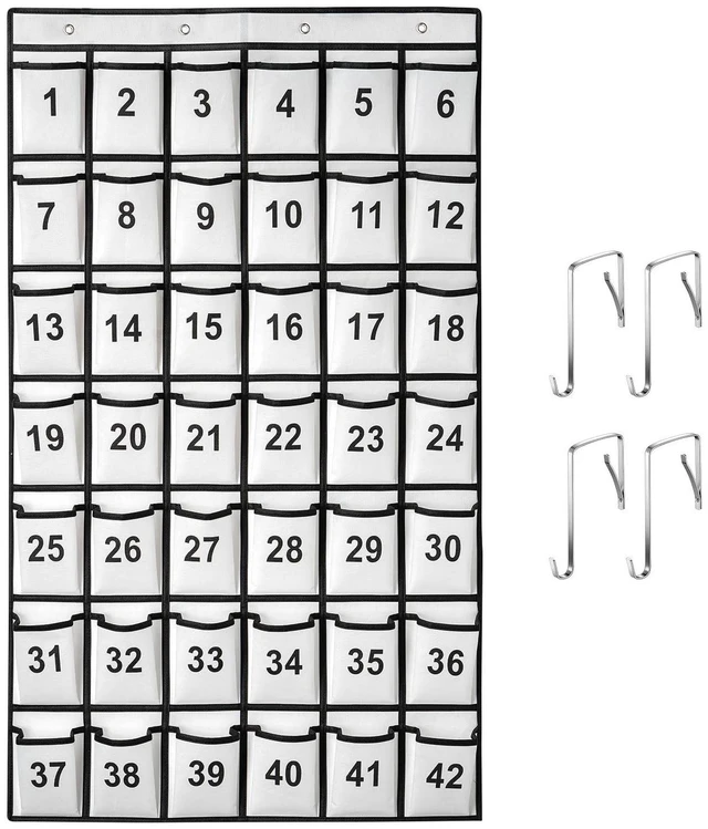 Main image of 42 Pockets Numbered Classroom Pocket Chart for Cell Phones, Hanging Pocket Chart Storage for Classroom Phone Calculator Holder with 4 Hooks and 42 Clear Numbers Printing (White-42pockets)