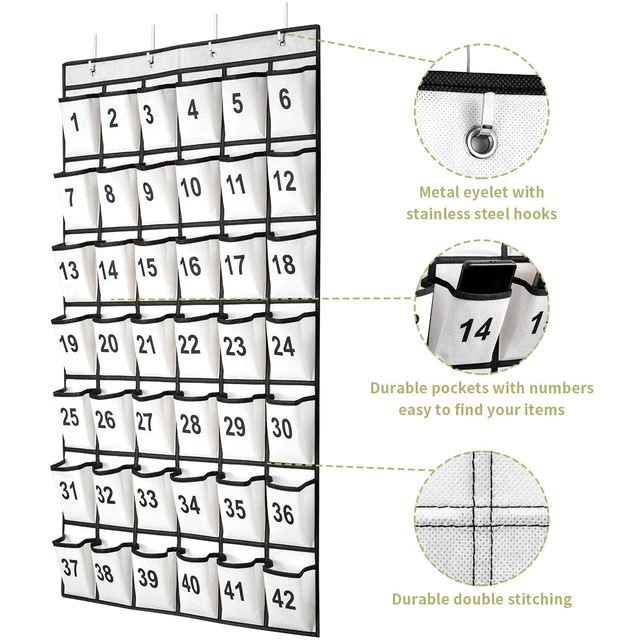 Alt view image 3 of 7 - 42 Pockets Numbered Classroom Pocket Chart for Cell Phones, Hanging Pocket Chart Storage for Classroom Phone Calculator Holder with 4 Hooks and 42 Clear Numbers Printing (White-42pockets)