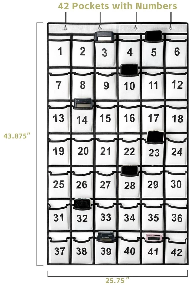 Alt view image 2 of 7 - 42 Pockets Numbered Classroom Pocket Chart for Cell Phones, Hanging Pocket Chart Storage for Classroom Phone Calculator Holder with 4 Hooks and 42 Clear Numbers Printing (White-42pockets)