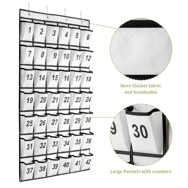 Alt view image 4 of 7 - 42 Pockets Numbered Classroom Pocket Chart for Cell Phones, Hanging Pocket Chart Storage for Classroom Phone Calculator Holder with 4 Hooks and 42 Clear Numbers Printing (White-42pockets)