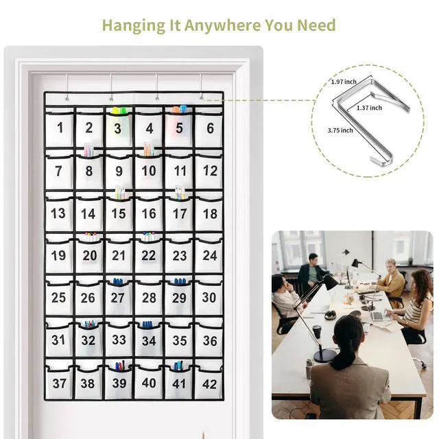 Alt view image 5 of 7 - 42 Pockets Numbered Classroom Pocket Chart for Cell Phones, Hanging Pocket Chart Storage for Classroom Phone Calculator Holder with 4 Hooks and 42 Clear Numbers Printing (White-42pockets)
