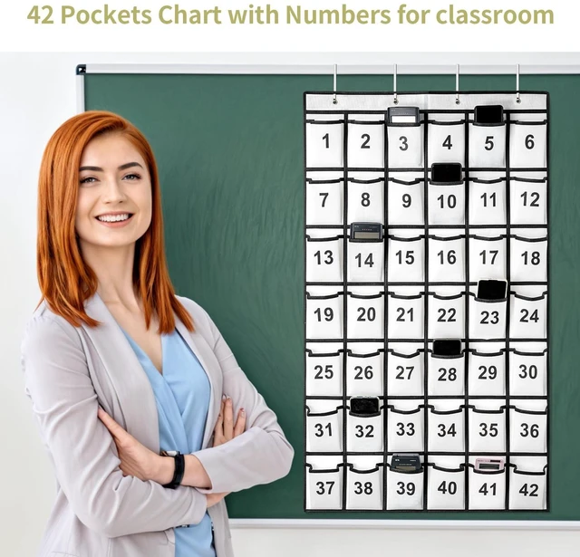Alt view image 6 of 7 - 42 Pockets Numbered Classroom Pocket Chart for Cell Phones, Hanging Pocket Chart Storage for Classroom Phone Calculator Holder with 4 Hooks and 42 Clear Numbers Printing (White-42pockets)