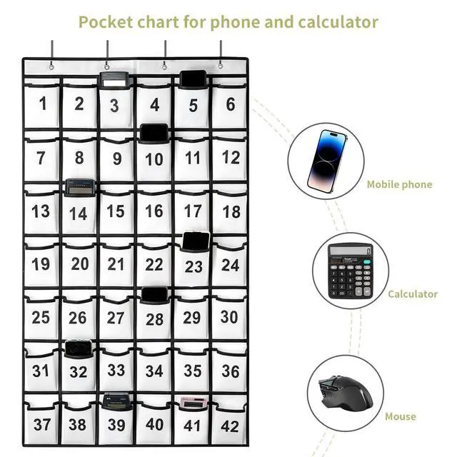Alt view image 7 of 7 - 42 Pockets Numbered Classroom Pocket Chart for Cell Phones, Hanging Pocket Chart Storage for Classroom Phone Calculator Holder with 4 Hooks and 42 Clear Numbers Printing (White-42pockets)