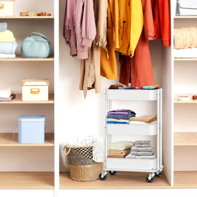 Alt view image 7 of 7 - 3-Tier Utility Cart, Low 24" Height Fits Under Desk, White Compact & Lower Height Great for Under-Desk Space-Saving Storage for Home Office, Dining Room, or Kitchen