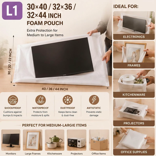 Alt view image 2 of 7 - 10 Pcs 30 x 40 Inch Foam Pouches, Extra Large Foam Pouches, Moving Supplies Packing Foam for Canvas Artwork, Mirrors, Furniture Parts, TV Screen, Large China, Fragile Item Packing Storage and Shipping