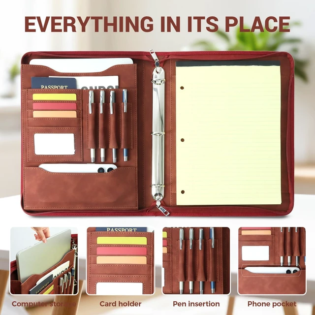 Alt view image 3 of 7 - Zippered 3 Ring Portfolio Binder, Padfolio Organizer for Women Embossed faux leather organizer fits Letter/A4 pads and 13.9 in tablet, with card slots and pen holders for work