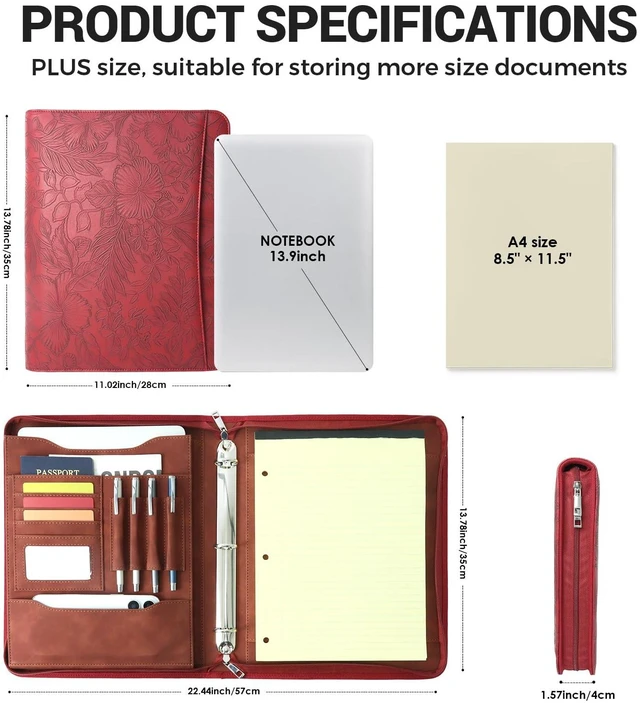 Alt view image 4 of 7 - Zippered 3 Ring Portfolio Binder, Padfolio Organizer for Women Embossed faux leather organizer fits Letter/A4 pads and 13.9 in tablet, with card slots and pen holders for work