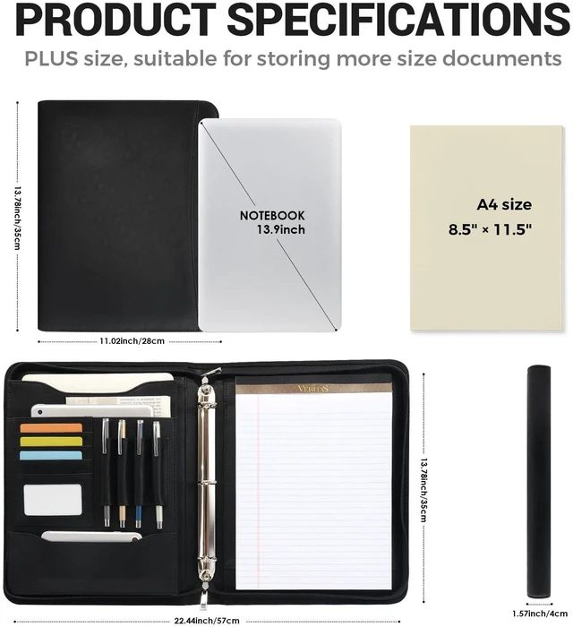 Alt view image 3 of 7 - Zippered 3 Ring Portfolio Binder, Padfolio Organizer for Men Women Faux leather folder fits Letter/A4 pads and 13.9 in tablet, with card slots, 4 pen loops and phone pocket