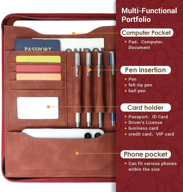 Alt view image 7 of 7 - Zippered 3 Ring Portfolio Binder, Padfolio Organizer for Women Embossed faux leather organizer fits Letter/A4 pads and 13.9 in tablet, with card slots and pen holders for work