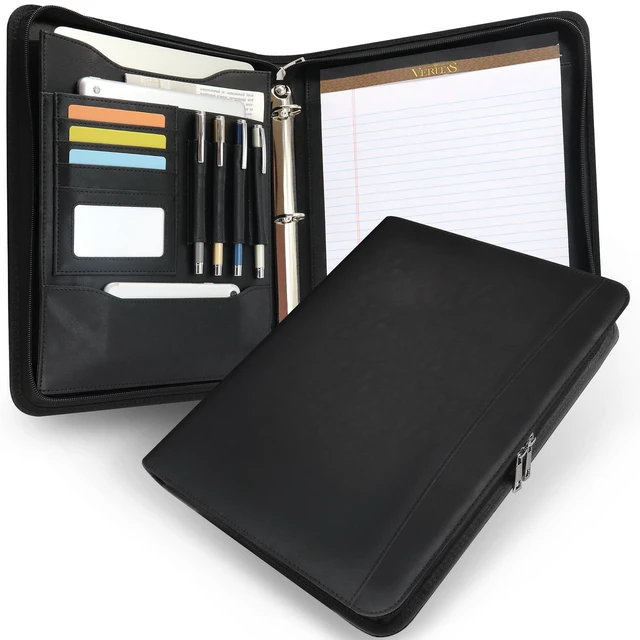 Main image of Zippered 3 Ring Portfolio Binder, Padfolio Organizer for Men Women Faux leather folder fits Letter/A4 pads and 13.9 in tablet, with card slots, 4 pen loops and phone pocket