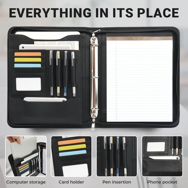 Alt view image 5 of 7 - Zippered 3 Ring Portfolio Binder, Padfolio Organizer for Men Women Faux leather folder fits Letter/A4 pads and 13.9 in tablet, with card slots, 4 pen loops and phone pocket