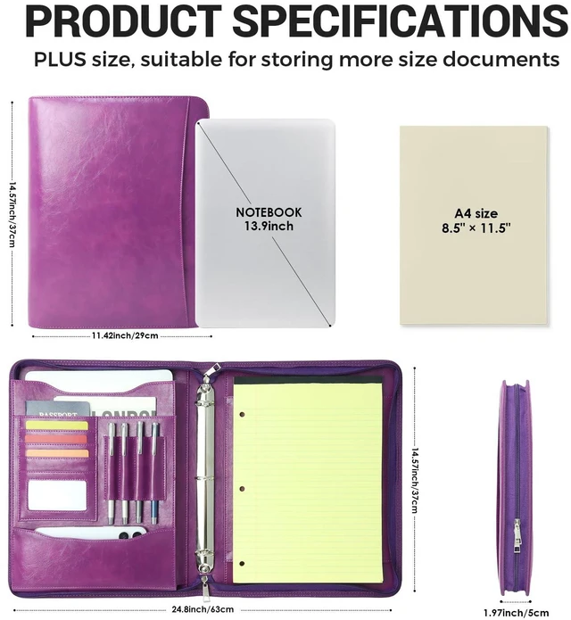 Alt view image 2 of 7 - Zippered 3 Ring Portfolio Binder, Padfolio Organizer for Women Faux leather folder fits Letter/A4 pads and 13.9 in tablet, with card slots, 4 pen loops and phone pocket
