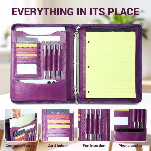 Alt view image 3 of 7 - Zippered 3 Ring Portfolio Binder, Padfolio Organizer for Women Faux leather folder fits Letter/A4 pads and 13.9 in tablet, with card slots, 4 pen loops and phone pocket