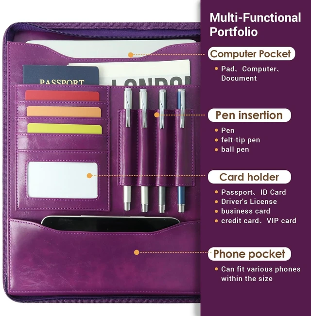 Alt view image 4 of 7 - Zippered 3 Ring Portfolio Binder, Padfolio Organizer for Women Faux leather folder fits Letter/A4 pads and 13.9 in tablet, with card slots, 4 pen loops and phone pocket