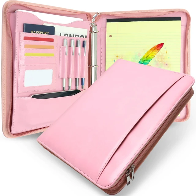 Main image of Zippered 3 Ring Portfolio Binder, Padfolio Organizer for Women Faux leather folder fits Letter/A4 pads and 13.9 in tablet, with card slots, 4 pen loops and phone pocket