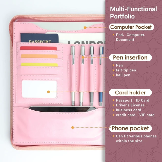 Alt view image 3 of 7 - Zippered 3 Ring Portfolio Binder, Padfolio Organizer for Women Faux leather folder fits Letter/A4 pads and 13.9 in tablet, with card slots, 4 pen loops and phone pocket