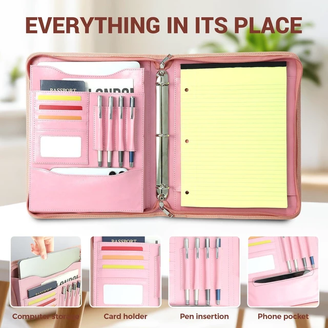 Alt view image 2 of 7 - Zippered 3 Ring Portfolio Binder, Padfolio Organizer for Women Faux leather folder fits Letter/A4 pads and 13.9 in tablet, with card slots, 4 pen loops and phone pocket