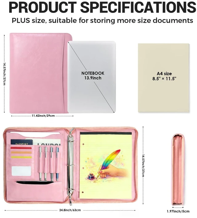 Alt view image 4 of 7 - Zippered 3 Ring Portfolio Binder, Padfolio Organizer for Women Faux leather folder fits Letter/A4 pads and 13.9 in tablet, with card slots, 4 pen loops and phone pocket