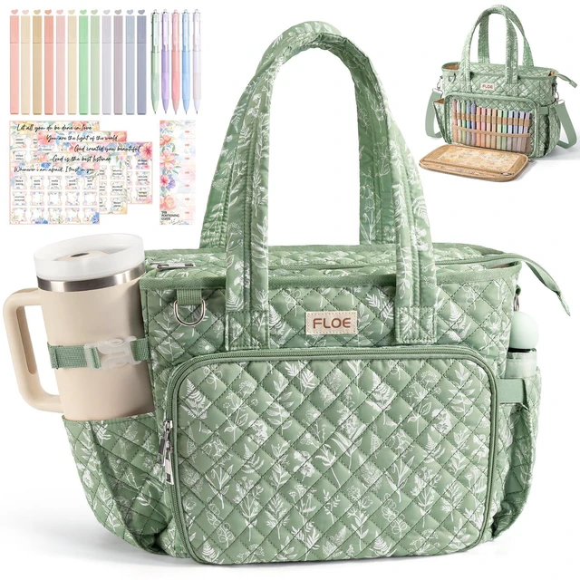 Main image of Large Bible Tote Bag for Women Bible Cover Case, Quilted Church Tote Bags Bible Study Supplies Journaling Kit Puffer Bible Carry Case w/Strap Accessories Pen Tabs, Christmas Christian Gifts for Women
