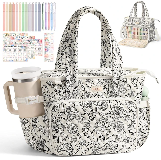 Main image of Large Bible Tote Bag for Women Bible Cover Case, Quilted Church Tote Bags Bible Study Supplies Journaling Kit Puffer Bible Carry Case w/Strap Accessories Pen Tabs, Christmas Christian Gifts for Women