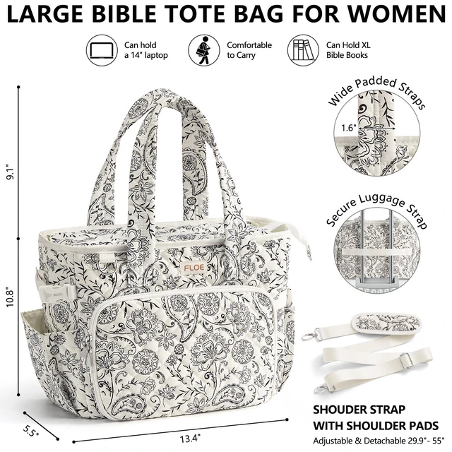 Alt view image 2 of 7 - Large Bible Tote Bag for Women Bible Cover Case, Quilted Church Tote Bags Bible Study Supplies Journaling Kit Puffer Bible Carry Case w/Strap Accessories Pen Tabs, Christmas Christian Gifts for Women