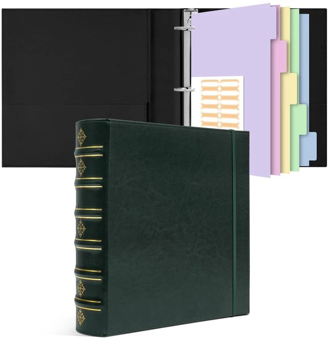 Main image of Vintage 3 Ring Binder 2 Inch, Leather D Ring Binder with Pockets and 5 Tab Dividers, Hardback Book Style Document Organizer Fits Letter Size for Home and Office Green