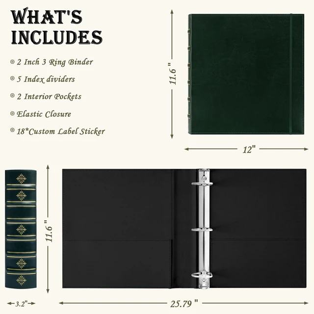 Alt view image 3 of 7 - Vintage 3 Ring Binder 2 Inch, Leather D Ring Binder with Pockets and 5 Tab Dividers, Hardback Book Style Document Organizer Fits Letter Size for Home and Office Green